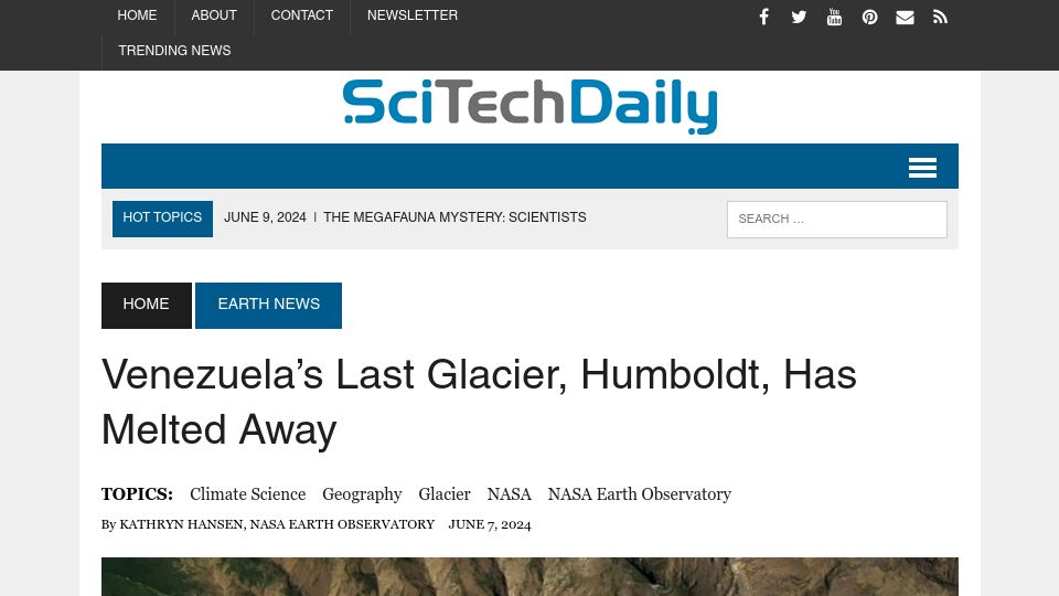 Screenshot of scitechdaily.com: Venezuela's Last Glacier, Humboldt, Has Melted Away
