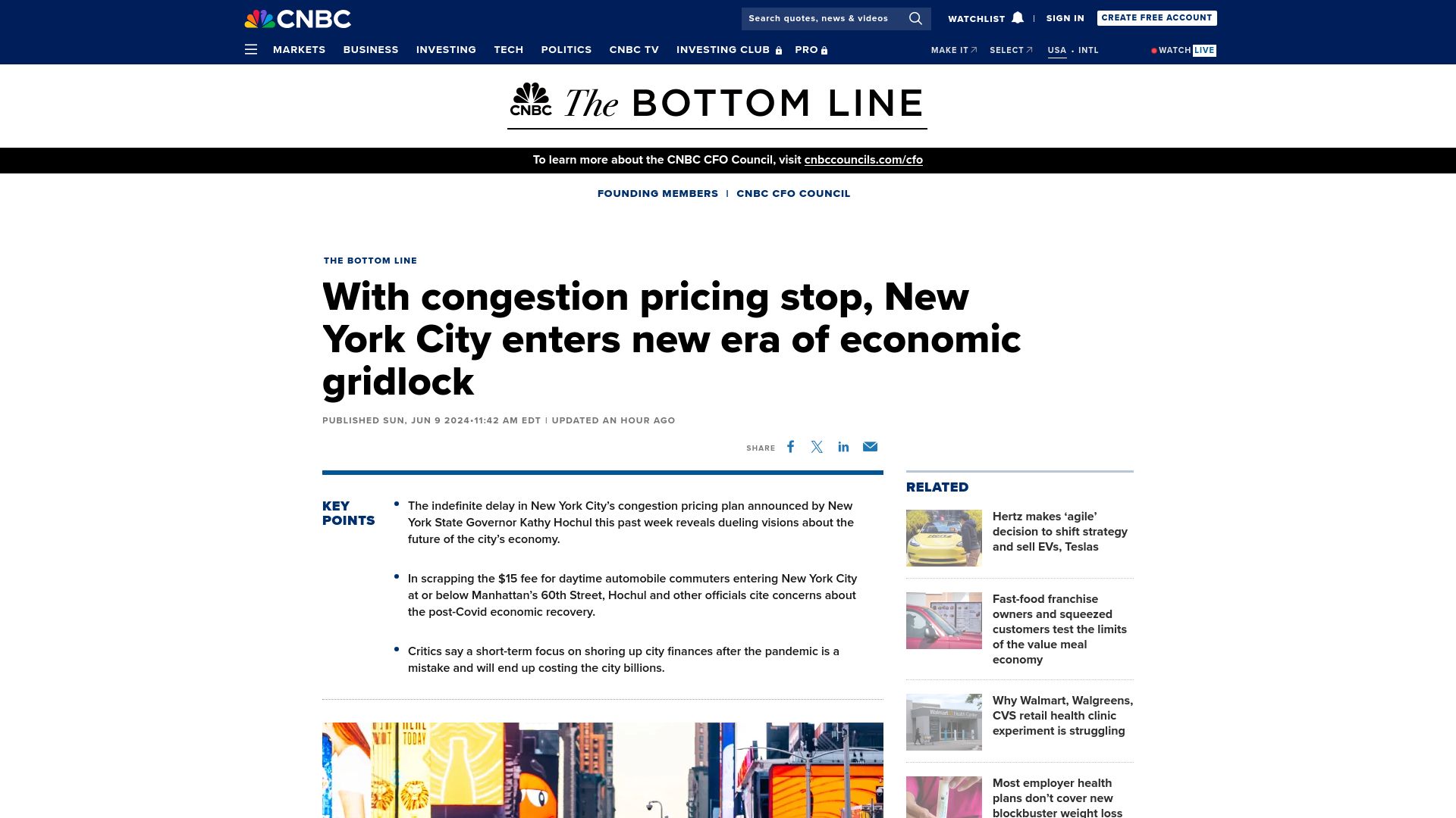 Screenshot of cnbc.com: With congestion pricing stop, New York City enters new era of economic gridlock