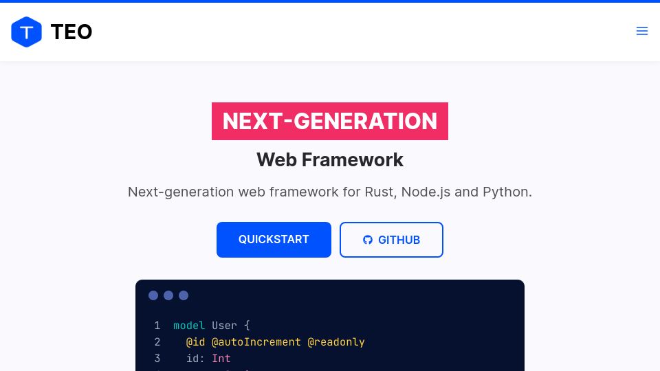 Screenshot of teodev.io: Next-generation web framework Teo, supports Node.js, Python and Rust
