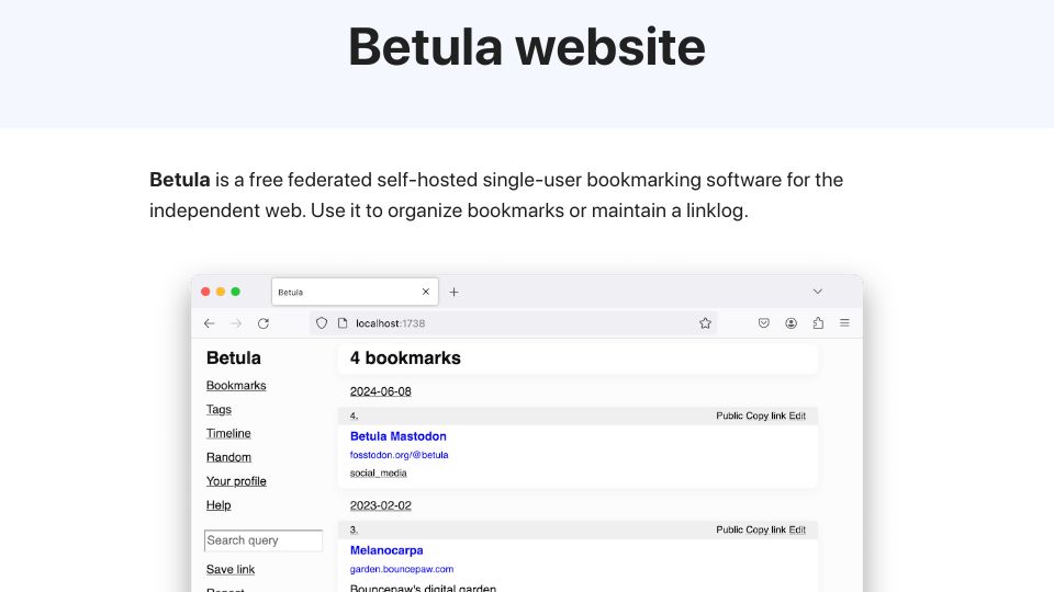 Screenshot of betula.mycorrhiza.wiki: Betula – federated bookmarking software for the independent web