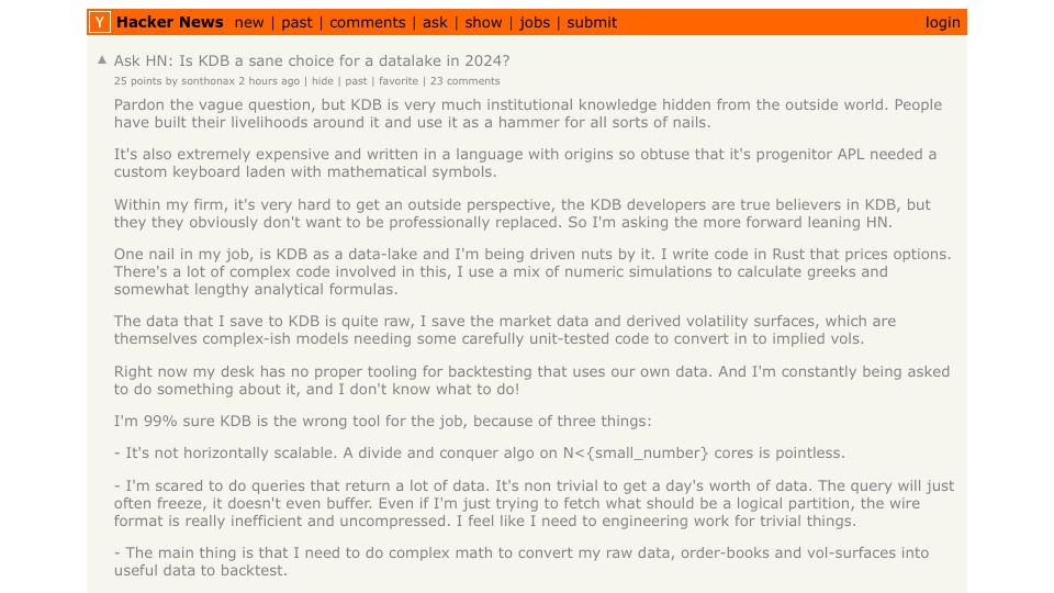 Screenshot of Hacker News post: Ask HN: Is KDB a sane choice for a datalake in 2024?