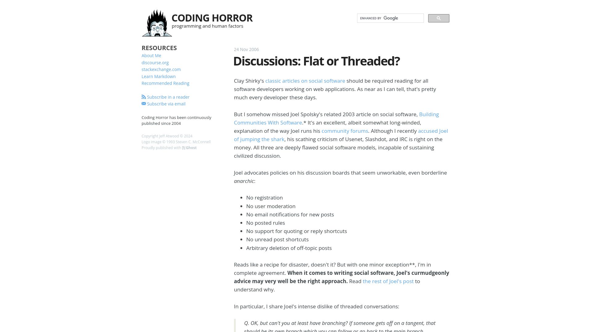 Screenshot of blog.codinghorror.com: Discussions: Flat or Threaded? (2006)