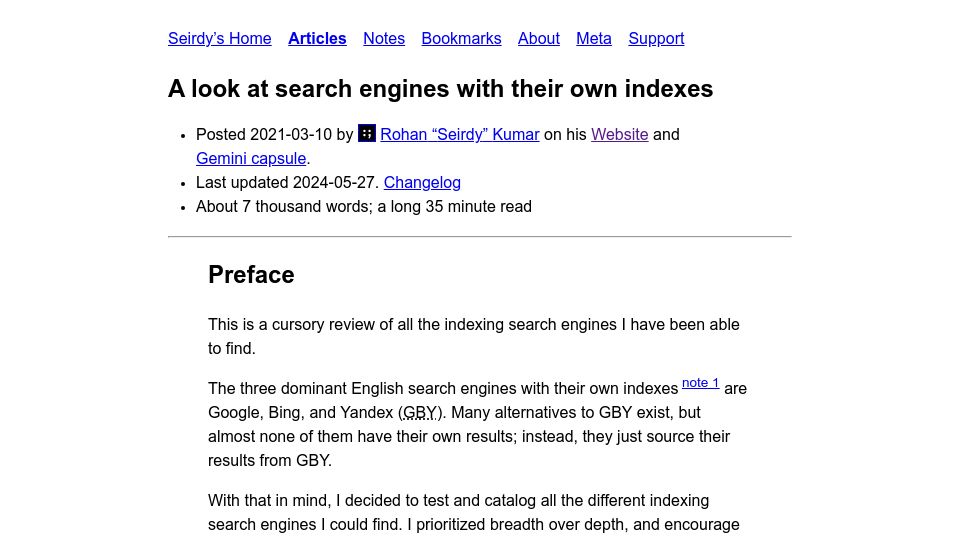 Screenshot of seirdy.one: A look at search engines with their own indexes (2021)