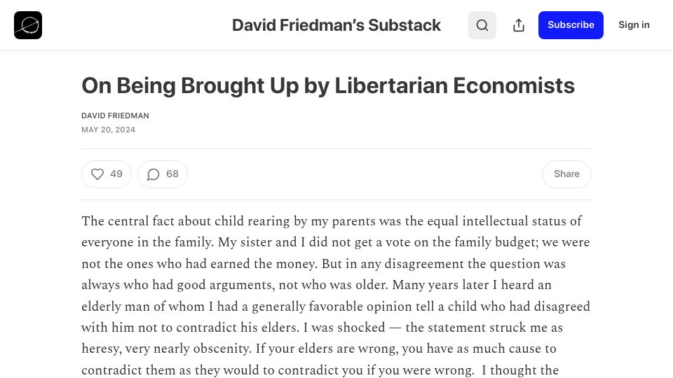 Screenshot of daviddfriedman.substack.com: On being brought up by libertarian economists