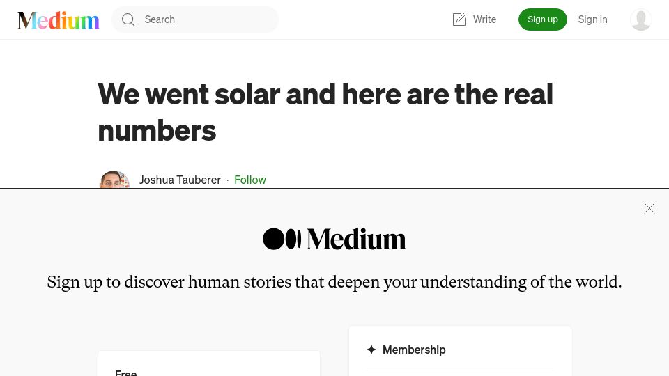 Screenshot of joshuatauberer.medium.com: We went solar and here are the real numbers (2021)