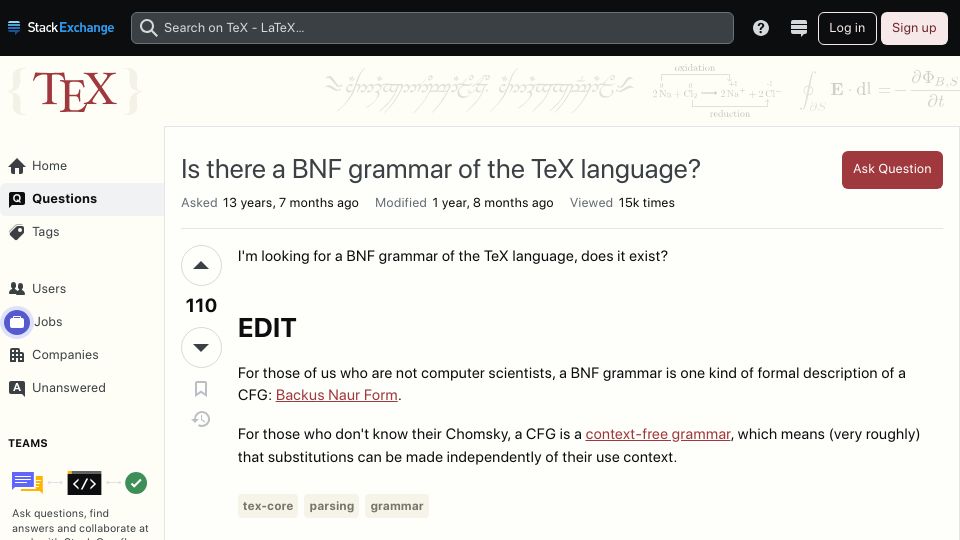 Screenshot of tex.stackexchange.com: Is there a BNF grammar of the TeX language? (2010)