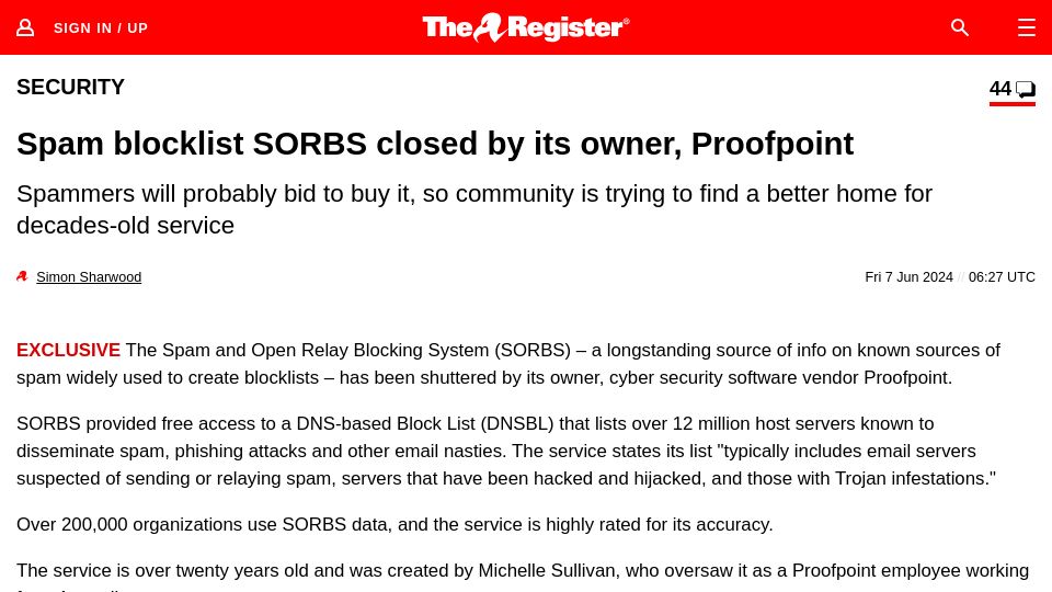 Screenshot of theregister.com: Spam blocklist SORBS closed by its owner, Proofpoint