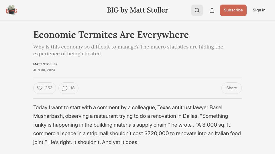 Screenshot of thebignewsletter.com: Economic Termites: Monopolies not noticeable enough for most of us
