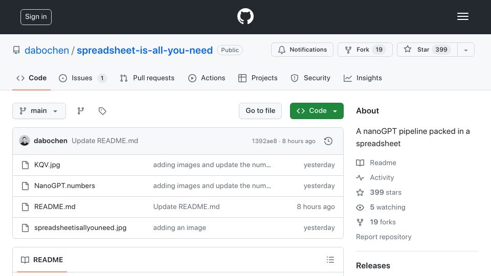 Screenshot of github.com: A nanoGPT pipeline packed in a spreadsheet