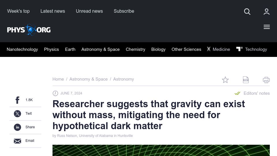 Screenshot of phys.org: Researcher suggests that gravity can exist without mass