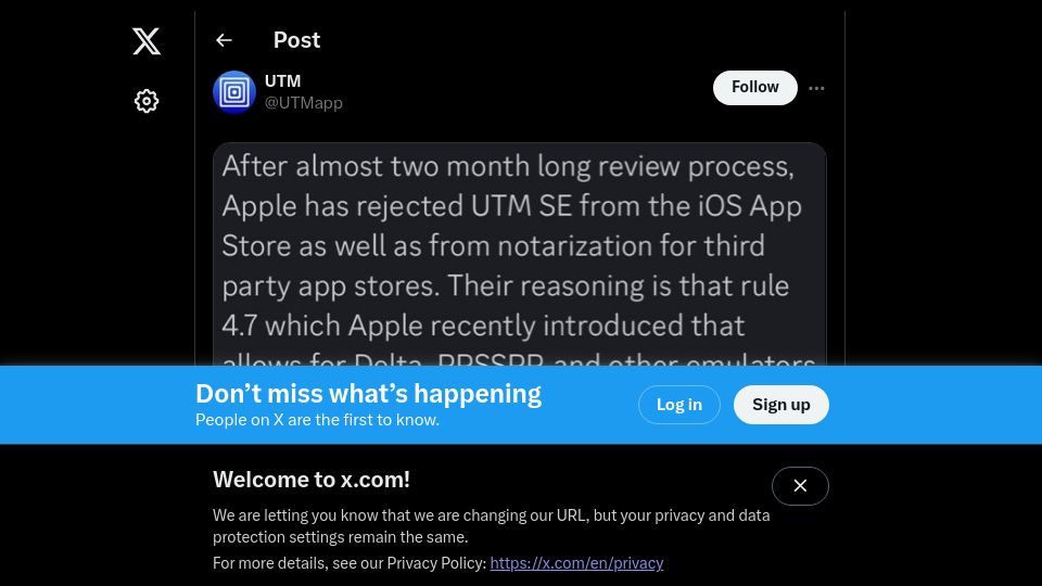 Screenshot of twitter.com: Apple has rejected UTM SE from the iOS and third party App Stores