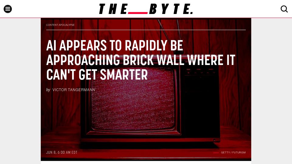 Screenshot of futurism.com: AI Appears to Rapidly Be Approaching Brick Wall Where It Can't Get Smarter