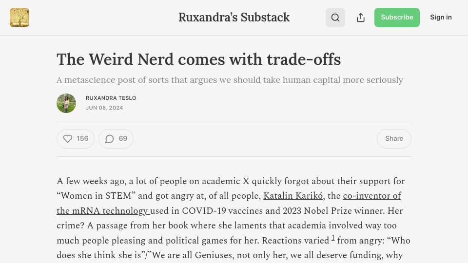 Screenshot of writingruxandrabio.com: The Weird Nerd comes with trade-offs