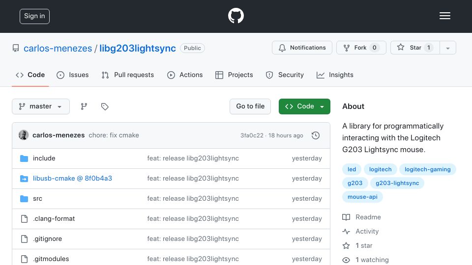 Screenshot of github.com: Libg203lightsync: Lib for interacting with the Logitech G203 LS mouse