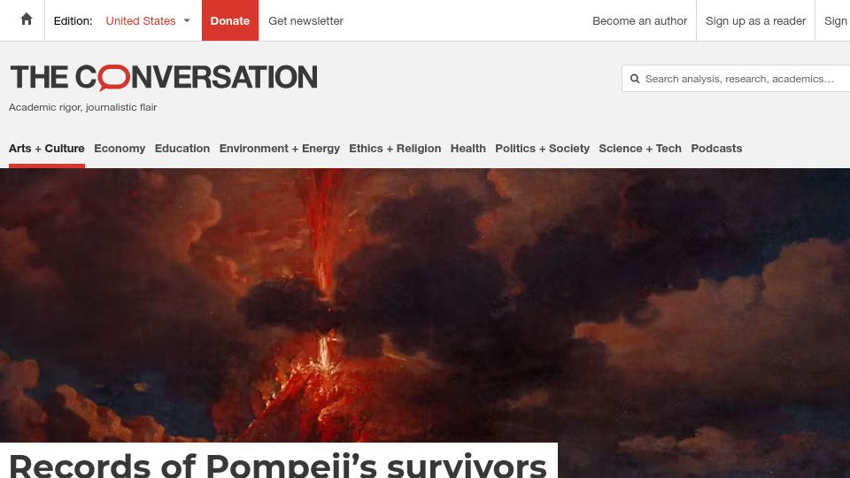 Screenshot of theconversation.com: Records of Pompeii's survivors have been found