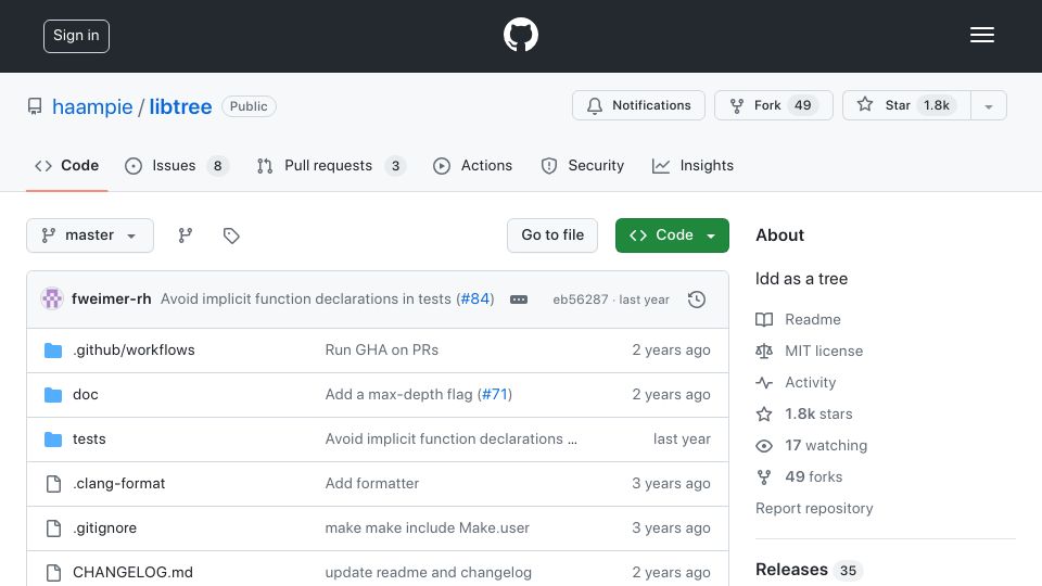 Screenshot of github.com: Libtree: Ldd as a tree saying why a library is found or not