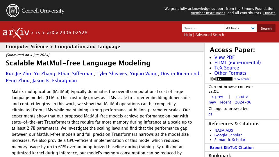 Screenshot of arxiv.org: Scalable MatMul-Free Language Modeling