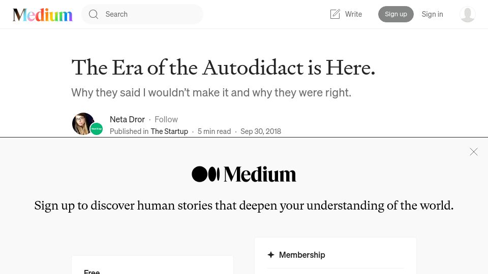 Screenshot of medium.com: The Era of the Autodidact Is Here