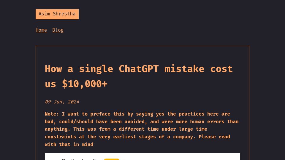 Screenshot of asim.bearblog.dev: A ChatGPT mistake cost us $10k