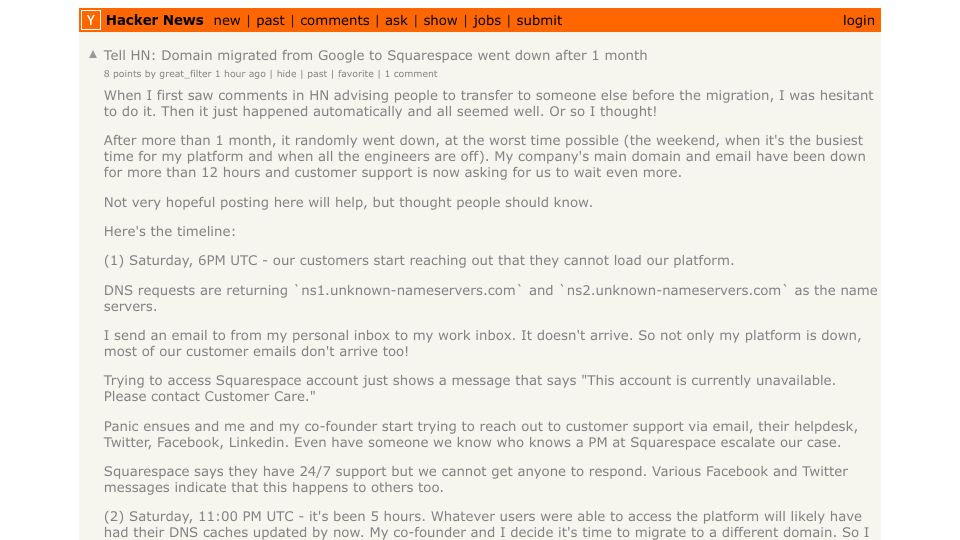 Screenshot of Hacker News post: Tell HN: Domain migrated from Google to Squarespace went down after 1 month