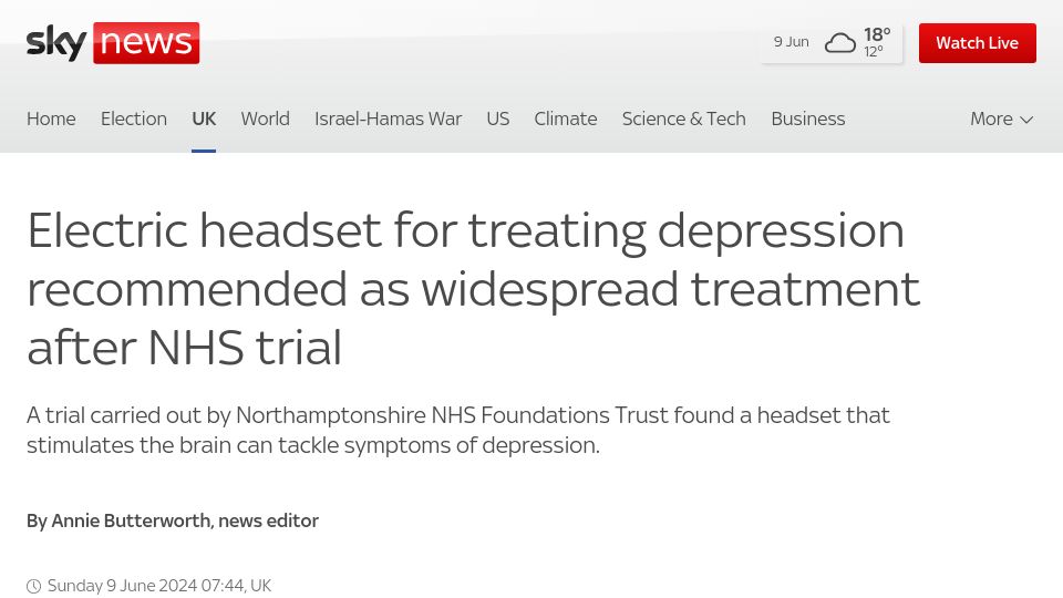Screenshot of news.sky.com: Electric headset for treating depression recommended after NHS trial