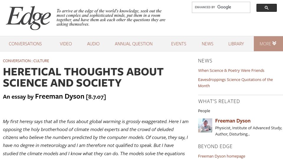 Screenshot of edge.org: Heretical thoughts about science and society (2005)
