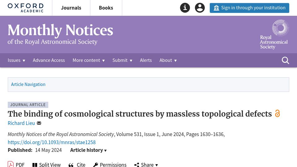 Screenshot of academic.oup.com: The binding of cosmological structures by massless topological defects