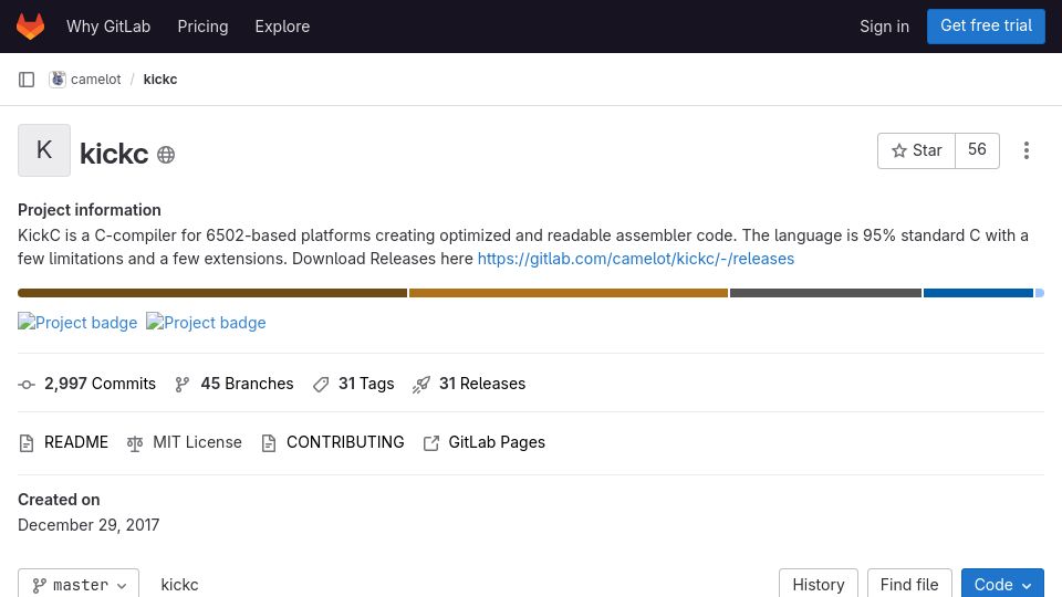 Screenshot of gitlab.com: KickC is a C-compiler for 6502-based platforms creating readable assembler code