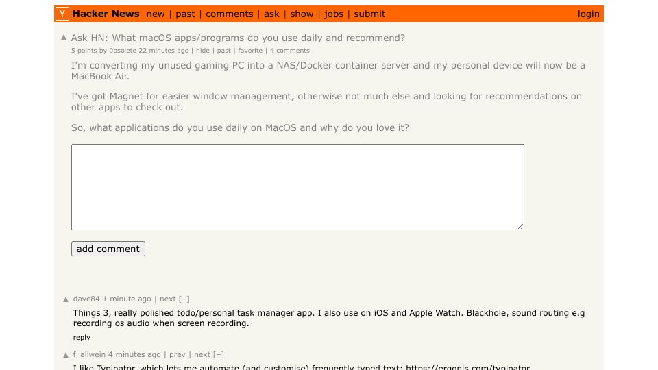Screenshot of Hacker News post: Ask HN: What macOS apps/programs do you use daily and recommend?