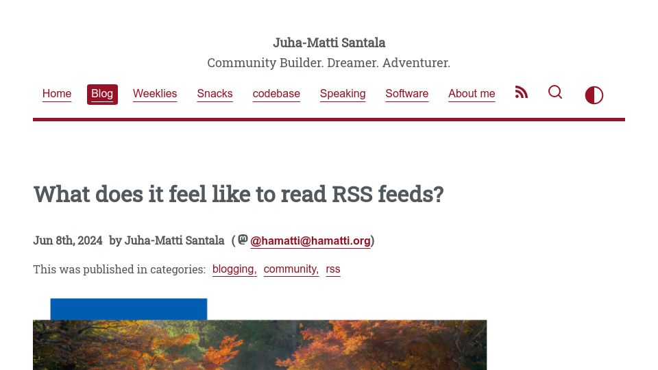 Screenshot of hamatti.org: What does it feel like to read RSS feeds?