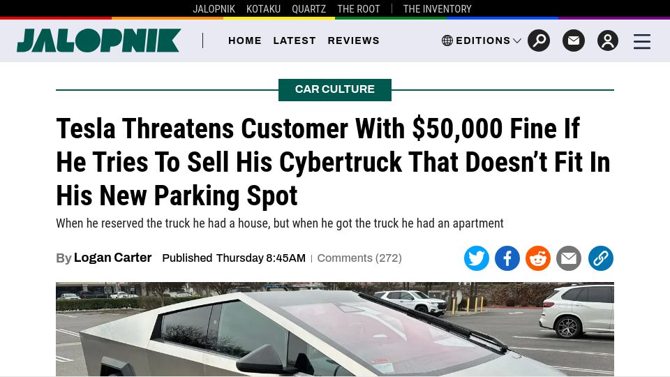 Screenshot of jalopnik.com: Tesla Threatens Customer with $50K Fine If He Tries to Sell His Cybertruck
