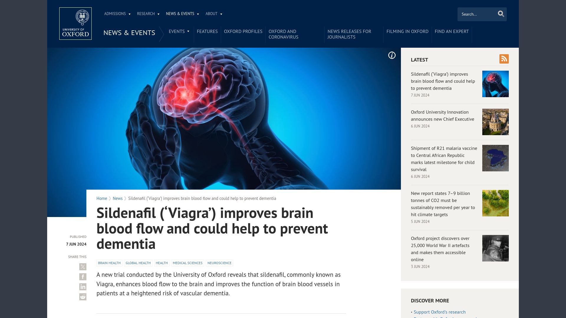 Screenshot of ox.ac.uk: Viagra improves brain blood flow and could help to prevent dementia