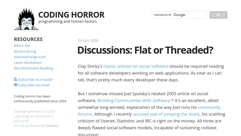 Screenshot of blog.codinghorror.com: Discussions: Flat or Threaded? (2006)