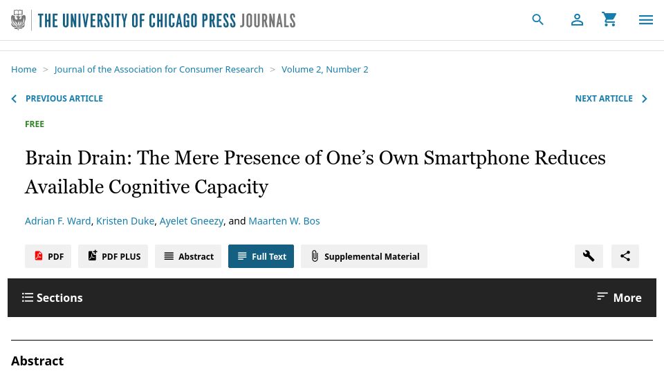 Screenshot of journals.uchicago.edu: The Mere Presence of One's Own Smartphone Reduces Available Cognitive Capacity (2017)