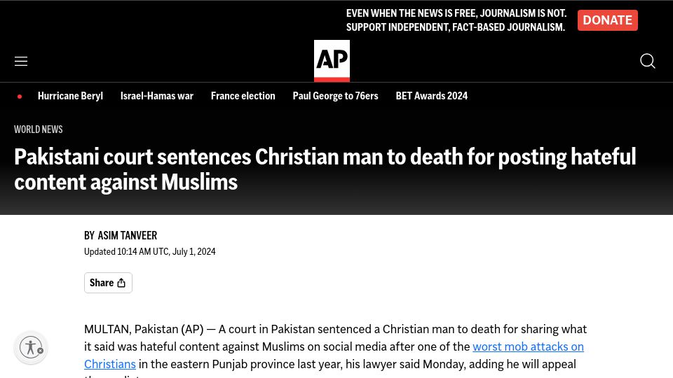 Screenshot of apnews.com: Pakistani court sentences man to death for social media post