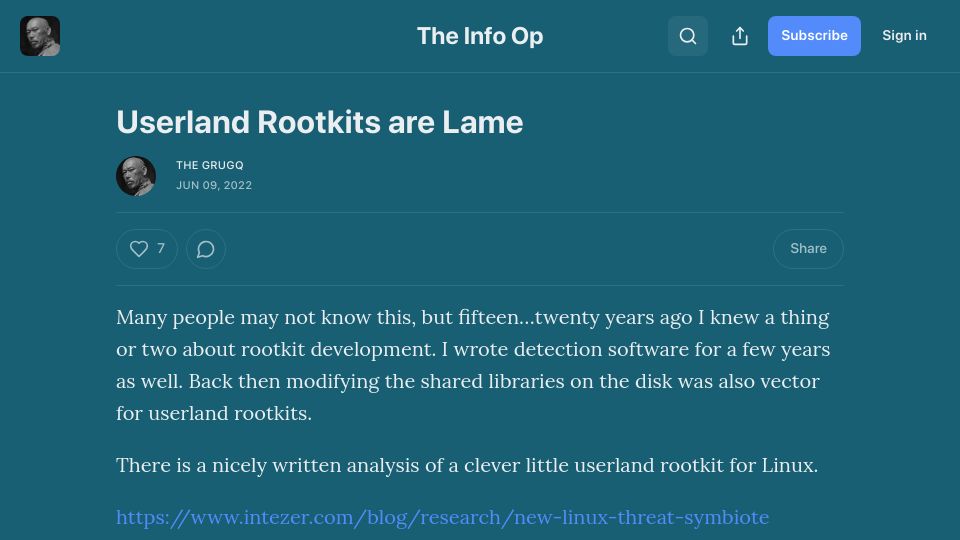 Screenshot of grugq.substack.com: Userland rootkits are lame (2022)
