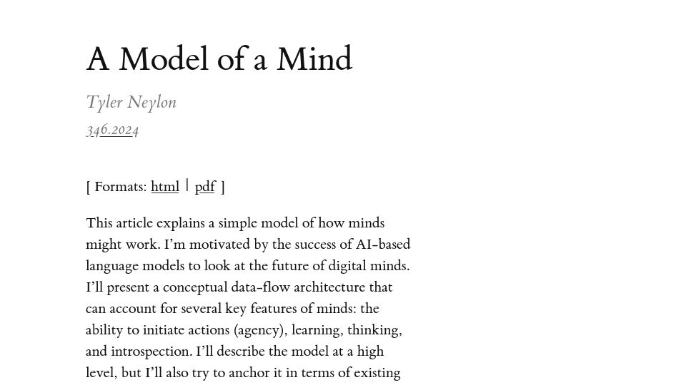 Screenshot of tylerneylon.com: A Model of a Mind