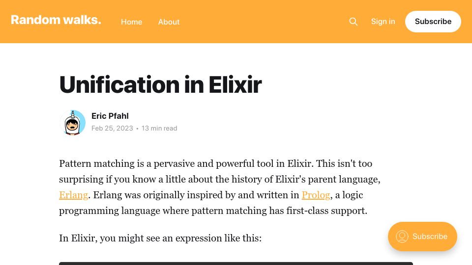 Screenshot of ericpfahl.com: Unification in Elixir