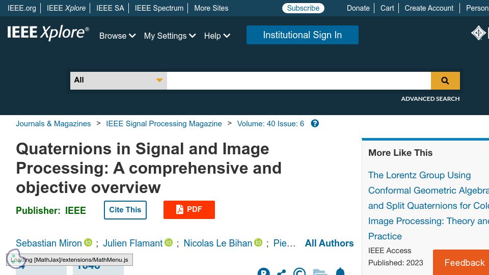 Screenshot of ieeexplore.ieee.org: Quaternions in Signal and Image Processing