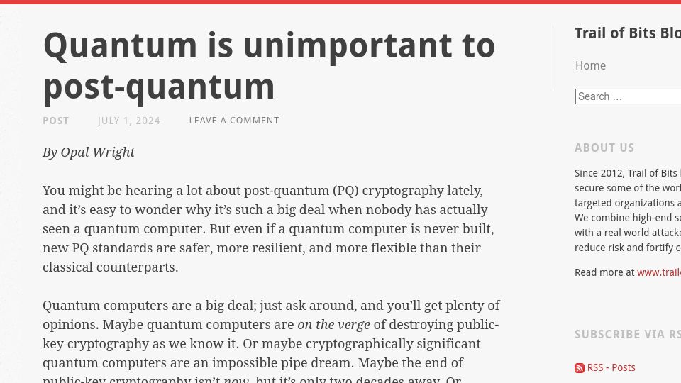 Screenshot of blog.trailofbits.com: Quantum is unimportant to post-quantum