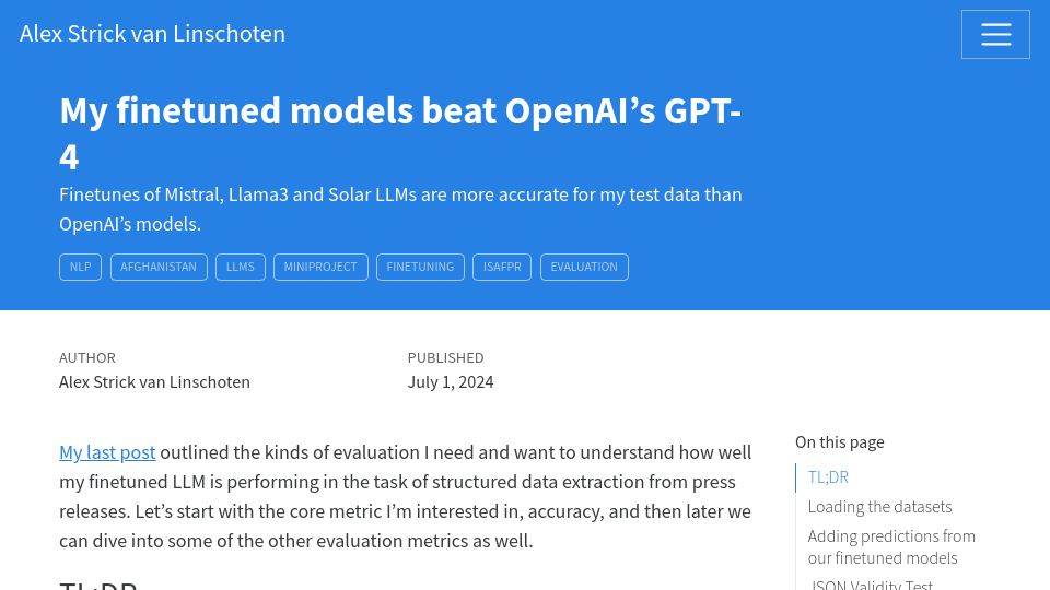 Screenshot of mlops.systems: My finetuned models beat OpenAI's GPT-4