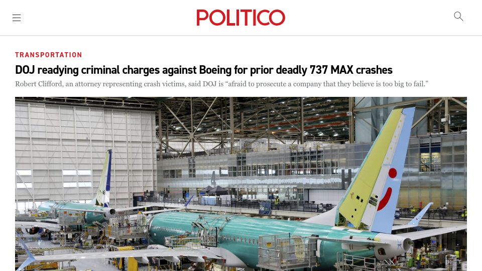 Screenshot of politico.com: DOJ readying criminal charges against Boeing for deadly 737 MAX crashes