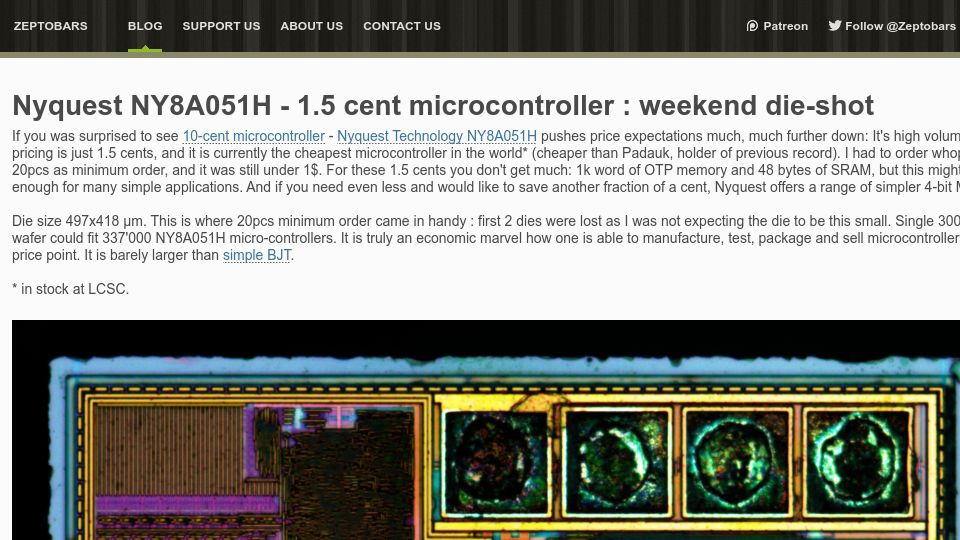 Screenshot of zeptobars.com: Nyquest NY8A051H – 1.5 cent microcontroller: weekend die-shot
