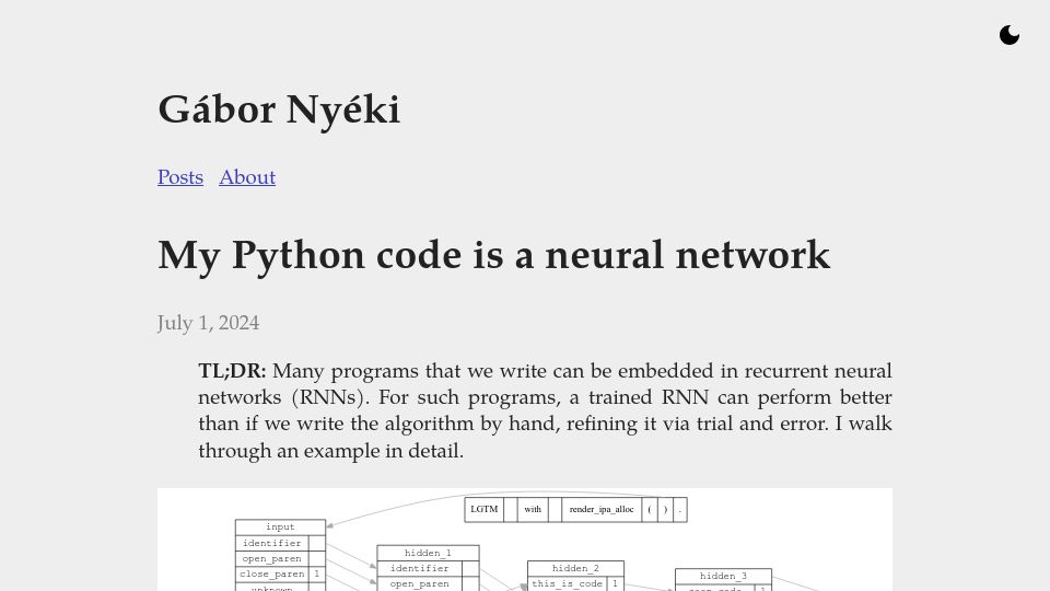 Screenshot of blog.gabornyeki.com: My Python code is a neural network