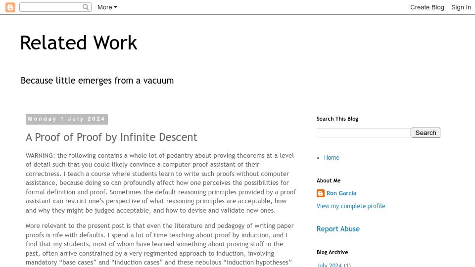 Screenshot of relatedwork.blogspot.com: A proof of proof by infinite descent