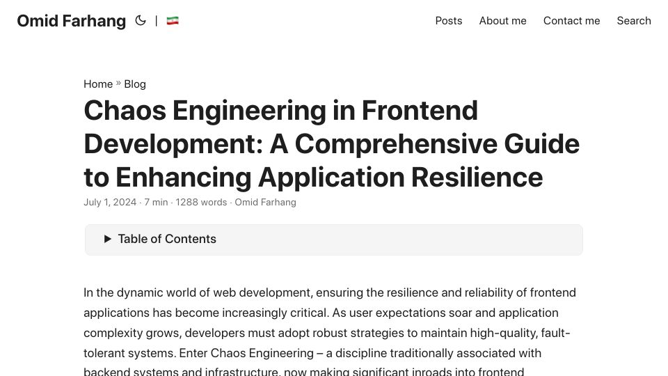 Screenshot of omid.dev: Chaos Engineering in Front End Development: Enhancing Application Resilience