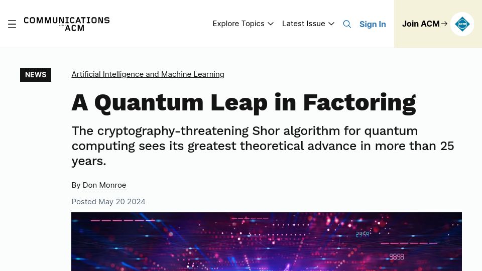 Screenshot of cacm.acm.org: A Quantum Leap in Factoring