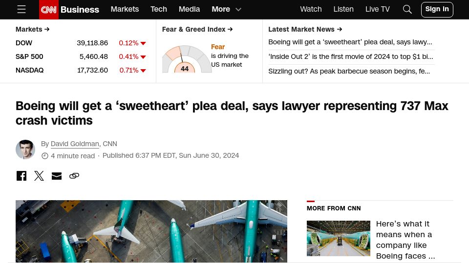 Screenshot of cnn.com: DOJ to offer Boeing "sweetheart" plea deal in pursuit of criminal charges