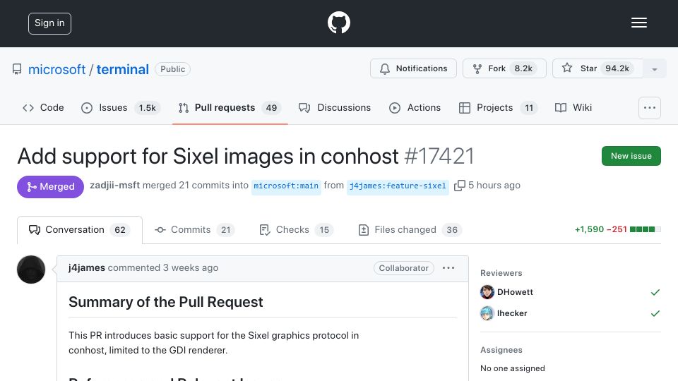 Screenshot of github.com: The Windows Console gets support for Sixel images