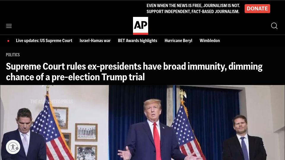 Screenshot of apnews.com: Supreme Court rules ex-presidents have immunity for official acts